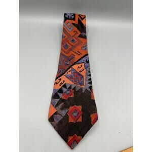 Vintage Bugle Boy USA Tie 90s Aztec Geometric Pattern Red Purple Orange Rayon